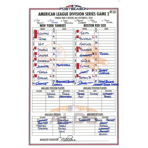 Yankees at Red Sox 10-6-2018 Game Used 2018 American League Division Series Game 2 Lineup Card (JD161296)