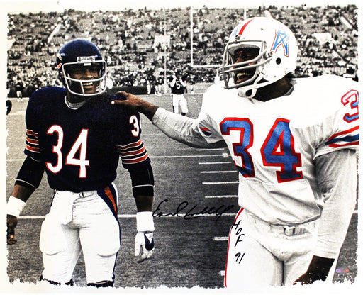 Earl Campbell Signed Walking With Walter Payton B/W w/ Color Accent 20x24 Canvas w/ HOF 91 Inscription