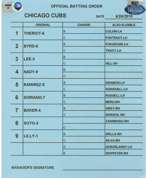 Chicago Cubs at Milwaukee Brewers 4-24-2010 Blue Game Used Line-up Card  (LH692426)