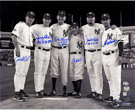 Final Game at Yankee Stadium Perfect Game Battery Mates Signed Metallic B/W 16x20 Photo w/ PG Insc (MLB Auth) (6 Signatures)