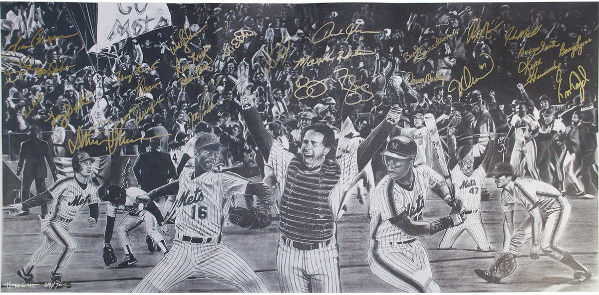 1986 New York Mets Team Signed "Amazin 86" Hobrecht Fine Art 20x40 Giclee Unstretched Canvas (L/E 70) (28 Signatures) (Imperfect Signature or Two)