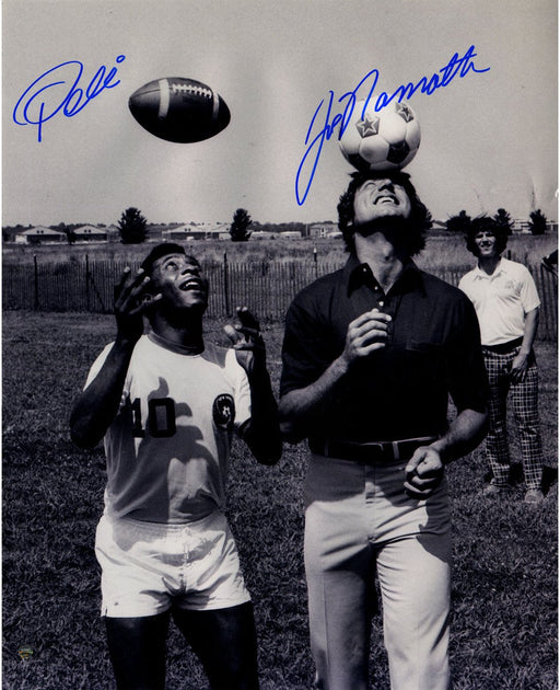 Pele & Joe Namath Dual Signed Practicing Headers B&W 16x20 Photo