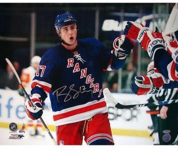 Brandon Dubinsky Rangers Blue Jersey Celebration Horizontal 16x20 Photo