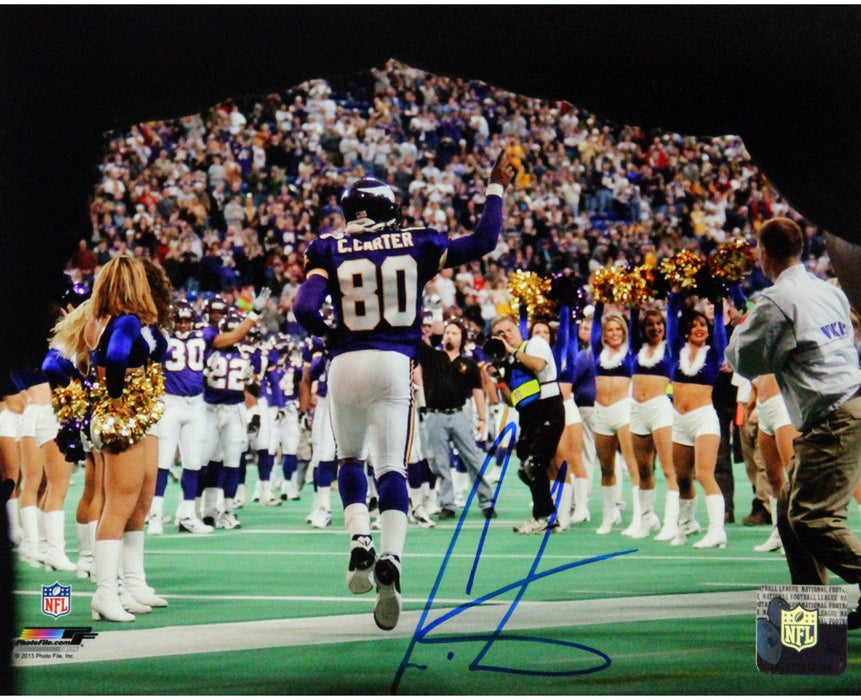 Cris Carter Signed Coming Out Of The Tunnel Pointing Back View 16x20 Photo w/ HOF insc