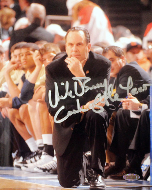 Mike Brey On His Knees On The Sidelines Signed Vertical 8x10 Photo by Photographer Mitchell Layton w/ "Coach of the Year" Insc.