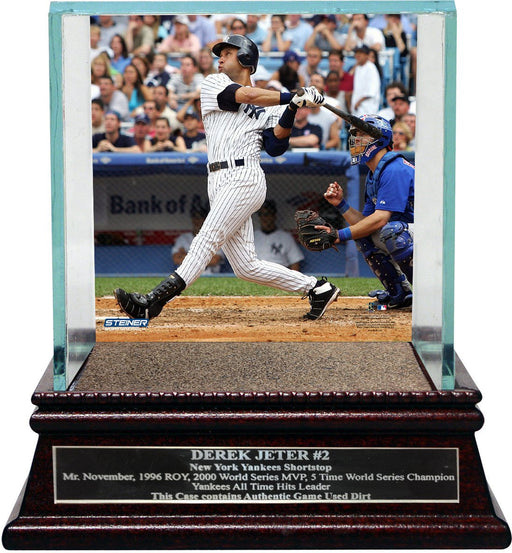 Derek Jeter Moments: 1st Grand Slam Background Glass Single Baseball Case w/ Yankee Stadium Authentic Dirt & Nameplate