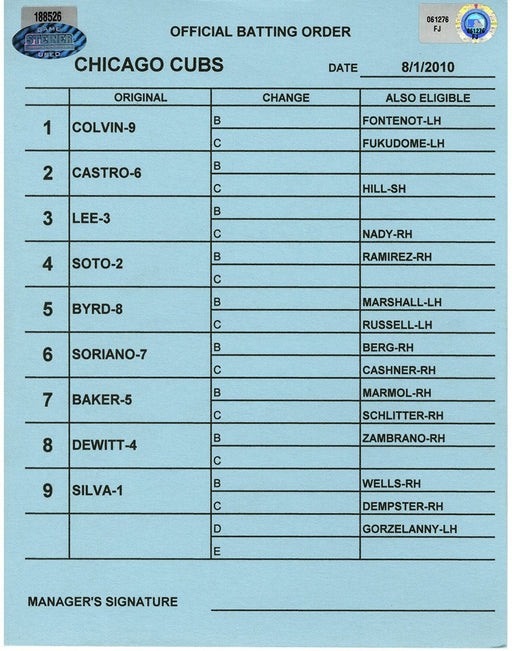 Chicago Cubs at Colorado Rockies  8-1-2010 Blue Game Used Line-up Card  (FJ061276)