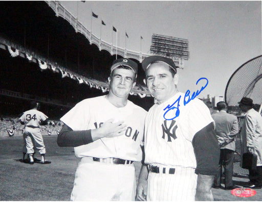 Yogi Berra Signed Posing w/ Boston Red Sox Player B/W 8x10 Photo