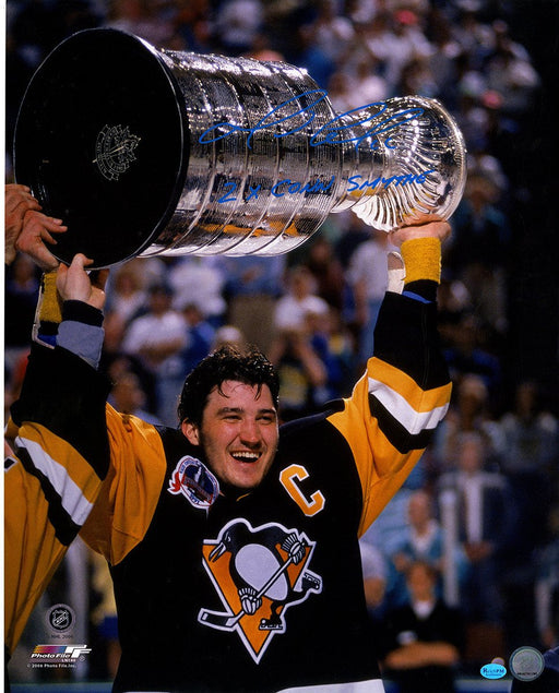 Mario Lemieux Signed 1991 Raising the Cup  16x20 Photo w/ "2X Conn Smythe" Insc  (ReichPM Auth)