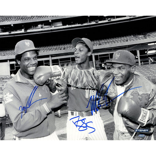 Mike Tyson In Mets Gear BW 16x20 Photo Signed by Gooden Strawberry and Tyson