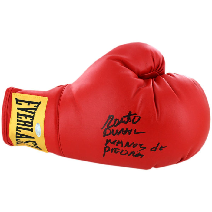 Roberto Duran Signed Red Boxing Glove w Manos de Piedra insc (Yellow Everlast Patch)