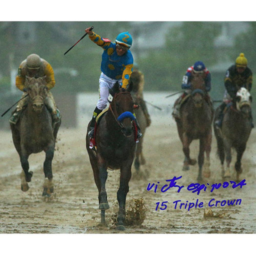 Victor Espinoza Signed 2015 Preakness 16x20 Photo w 2015 Triple Crown Insc.