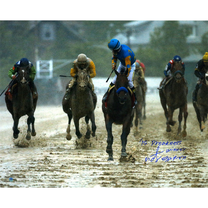 Victor Espinoza Signed 2015 Preakness Looking Back 16x20 Photo w 15 Preakness Winner Insc