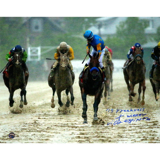 Victor Espinoza Signed 2015 Preakness Looking Back 8x10 Photo w 15 Preakness Winner Insc