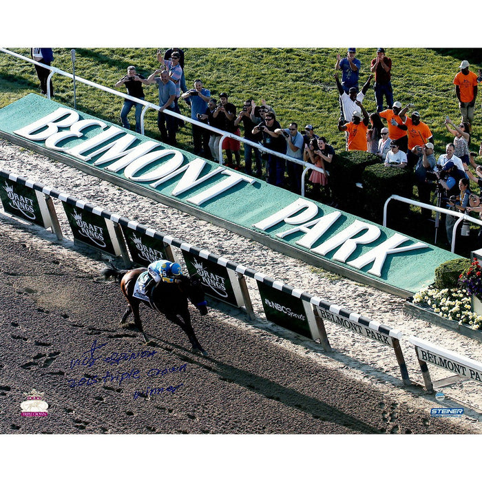 Victor Espinoza Signed American Pharoah Crossing Finish Line 2015 Belmont Stakes 16x20 Photo w 2015 Triple Crown Insc.