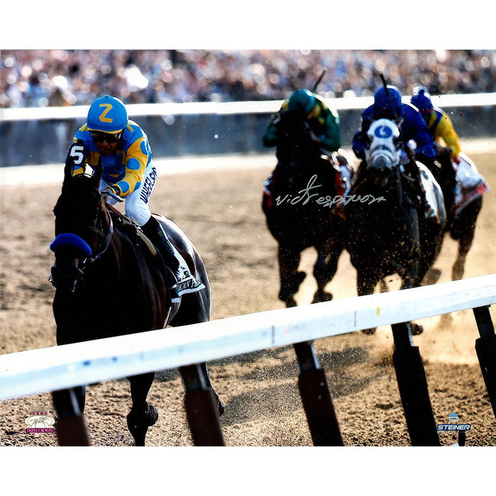 Victor Espinoza Signed American Pharoah Final Stretch Close Up 2015 Belmont Stakes 16x20 Photo (Signed in Silver)