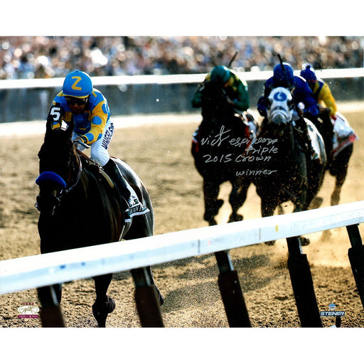 Victor Espinoza Signed American Pharoah Final Stretch Close Up 2015 Belmont Stakes 16x20 Photo w 2015 Triple Crown Insc.