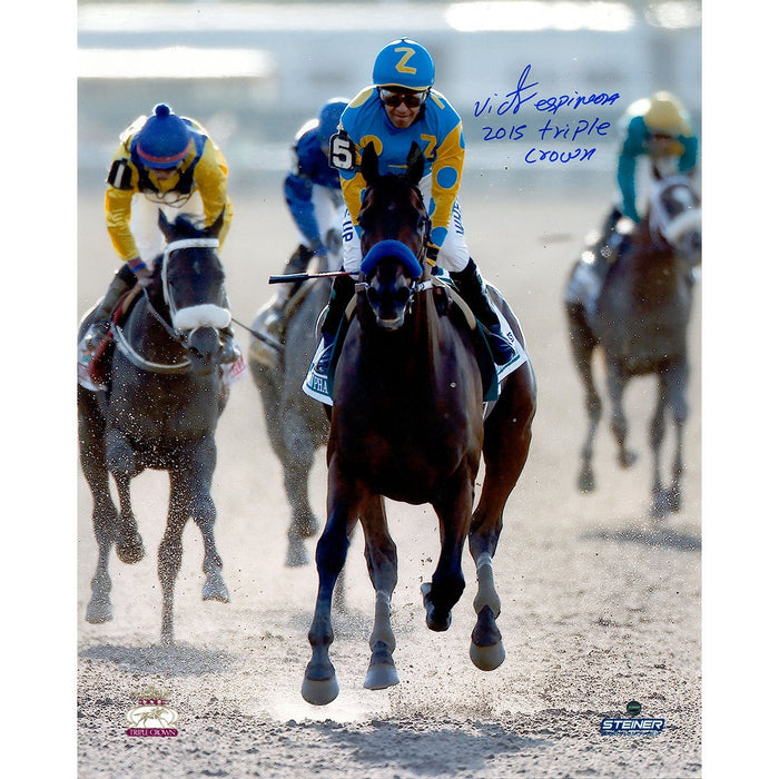 Victor Espinoza Signed American Pharoah Winning Celebration 2015 Belmont Stakes 16x20 Photo w 2015 Triple Crown Insc.