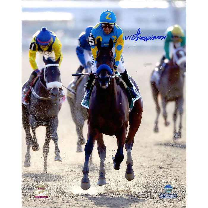 Victor Espinoza Signed American Pharoah Winning Celebration 2015 Belmont Stakes 8x10 Photo