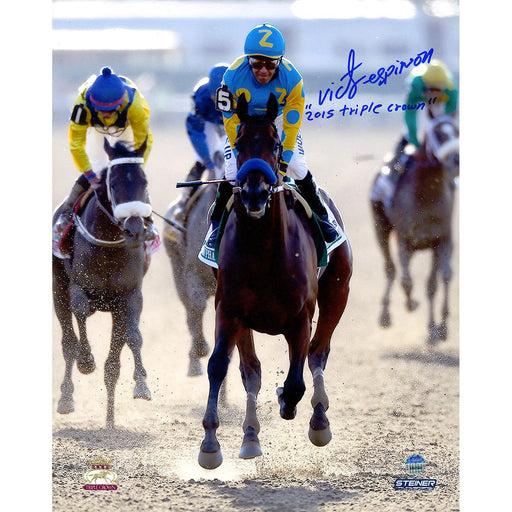 Victor Espinoza Signed American Pharoah Winning Celebration 2015 Belmont Stakes 8x10 Photo w 2015 Triple Crown Insc.