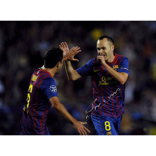 Andres Iniesta Signed Barcelona celebrating with Xavi 12x16 Photo (Icons Auth& Third Party Holo)