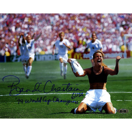 Brandi Chastain Signed PK Celebration 8x10 Photo Horizontal w 99 World Cup Champions insc.