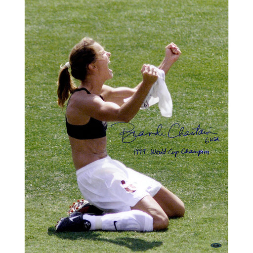 Brandi Chastain Signed PK Celebration Close Up 16x20 Vertical Photo w 99 World Cup Champions insc.