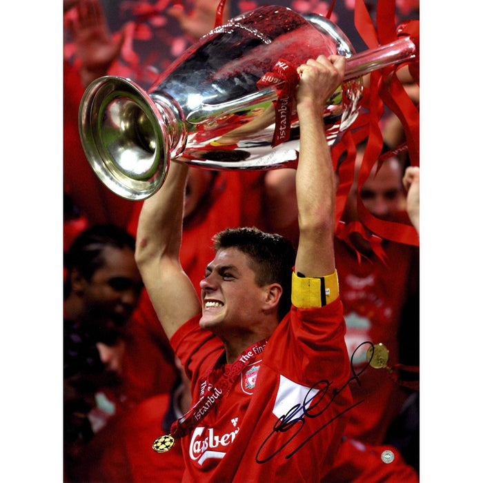 Steven Gerrard Signed Holding Trophy Liverpool Champions League Winner 12x16 Photo(Icons Auth & Third Party Holo)