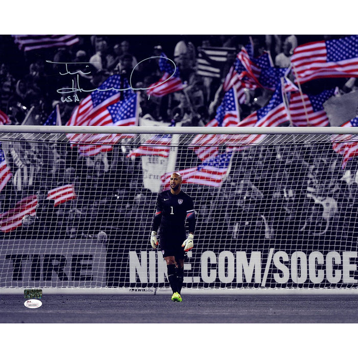 Tim Howard in Goal with American Flags in the Crowd Signed 16x20 Photo (JSA and Tim Howard Auth)