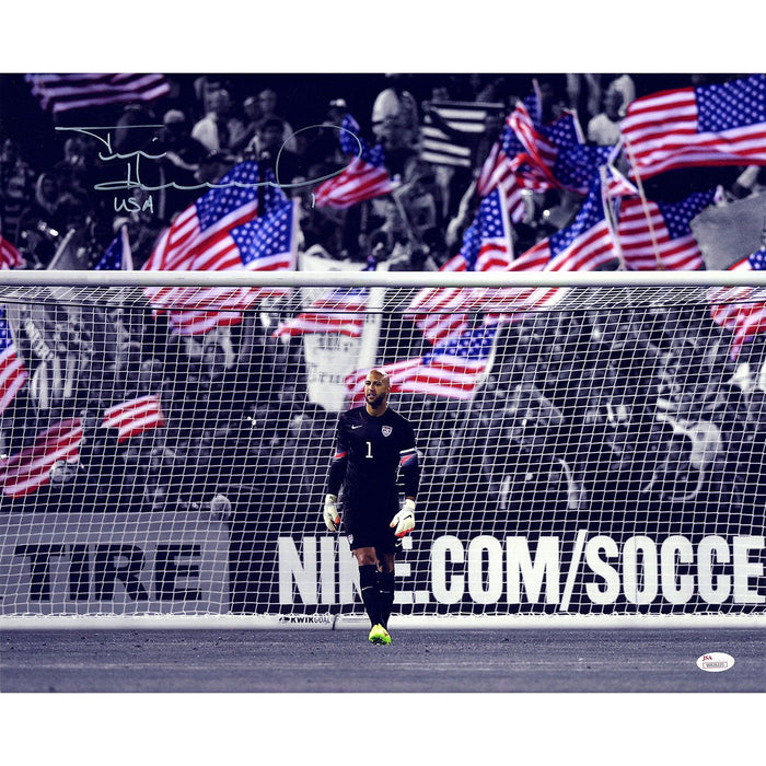 Tim Howard Signed in Goal with American Flags in the Crowd 16x20 Photo w USA Insc. (JSA)