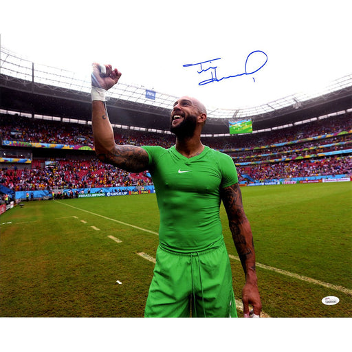 Tim Howard Signed USA Green Jersey Pump Fist with Color Background 16x20 Photo (JSA Auth)