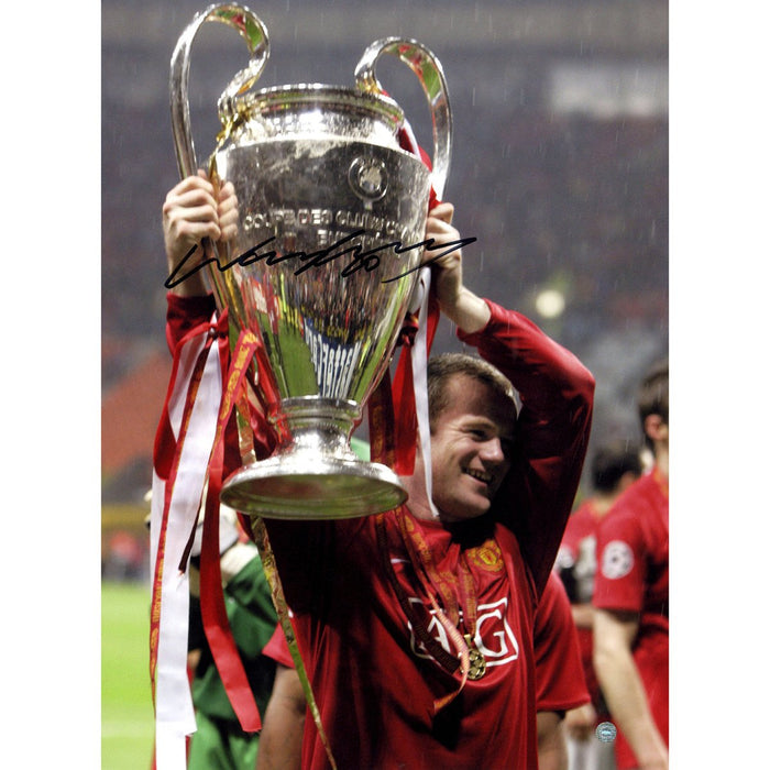 Wayne Rooney Signed Man United 12x16 Photo UCL winner Trophy Overhead (Icons Auth & Third Party Holo)