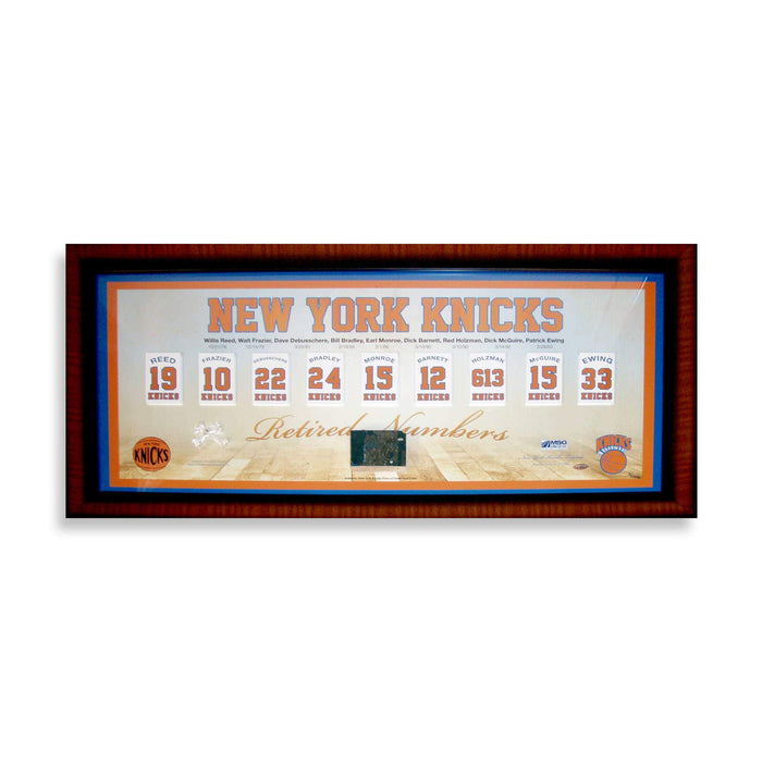 NY Knicks Retired Numbers Framed Pano 14x32 Collage w/ Game Used MSG Court & Net