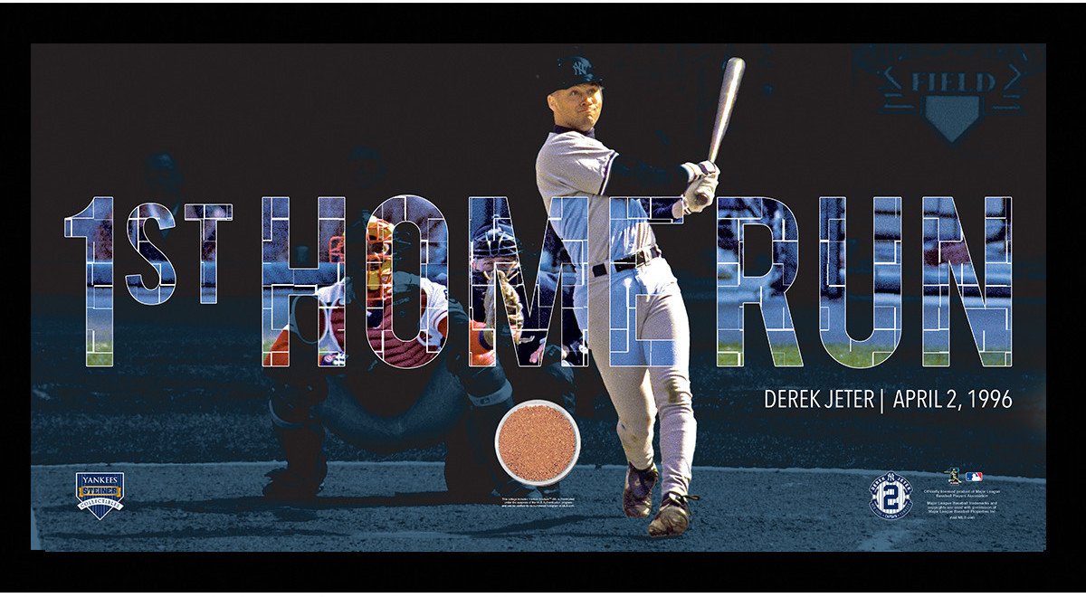 Derek Jeter Moments: 1st Career HR Collage Text Overlay w/ Game Used Dirt Framed 9.5x19 7331 Style