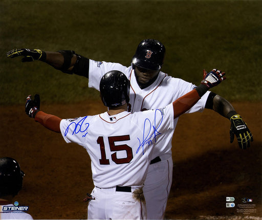 David Ortiz/Dustin Pedroia Dual Signed Horizontal Hug with Pedroia at Homeplate 20x24 Photo (LE/50) (MLB Auth)