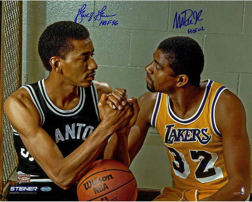 George Gervin Magic Johnson Dual Signed Hand Shake 16x20 Photo w/ HOF Insc