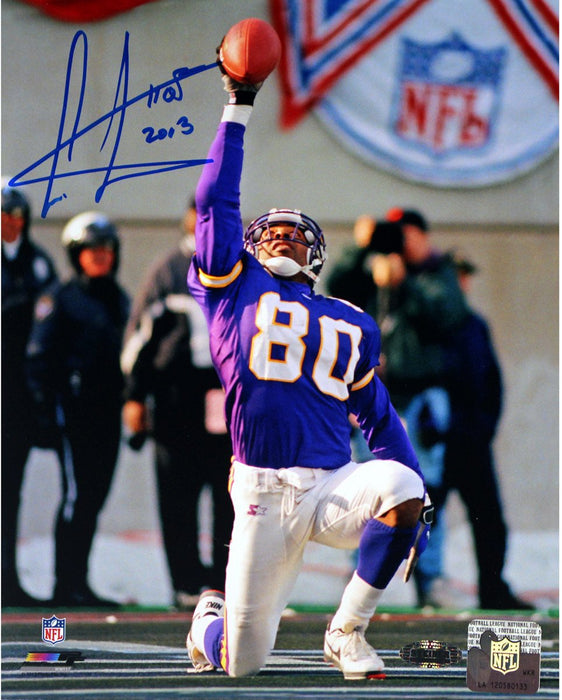 Cris Carter Vikings On Knee with Ball in Air Signed 8x10 photo w/HOF Insc.