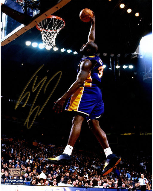 Shaquille O'Neal Signed L.A. Lakers Purple Jersey Dunk 16x20 Photo ( Signed in Gold)