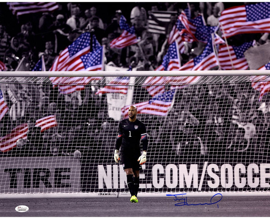 Tim Howard Signed Standing In Goal with American Flag in the Crowd 16x20 Photo ( JSA)