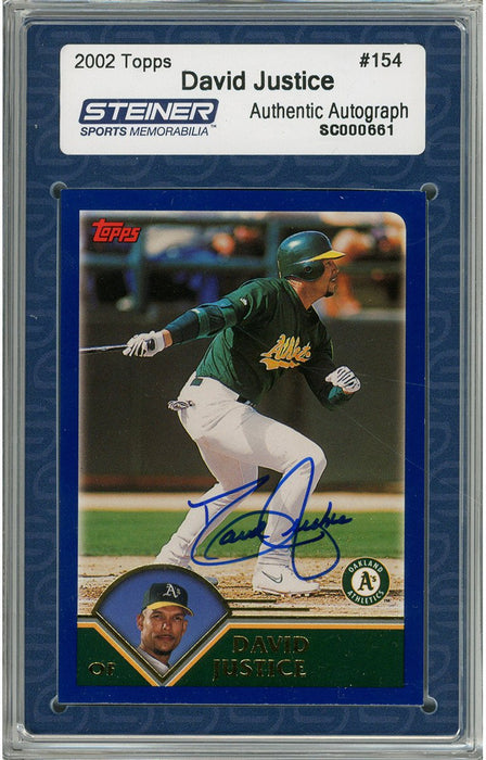 David Justice Signed 2002 Topps Card - Athletics - Swinging through/about to run (Slabbed by Steiner)