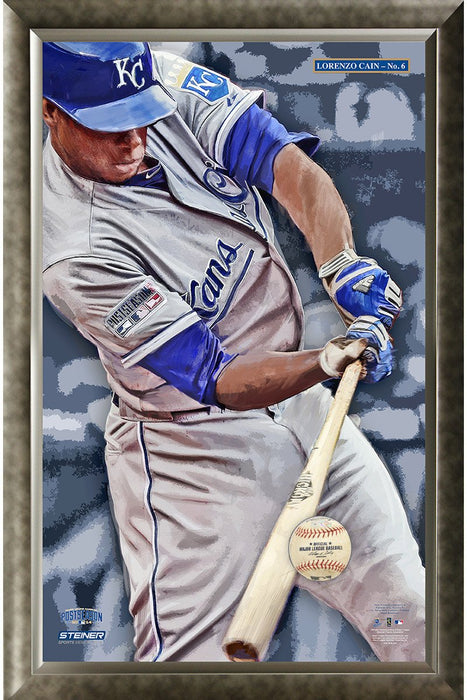 Lorenzo Cain Game Used Baseball Framed 20x32 Shadowbox - OBSOLETE