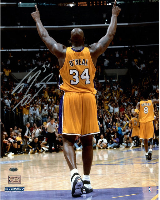 Shaquille O'Neal Signed Arms Up in Gold Uniform 16x20 (Signed in Silver)