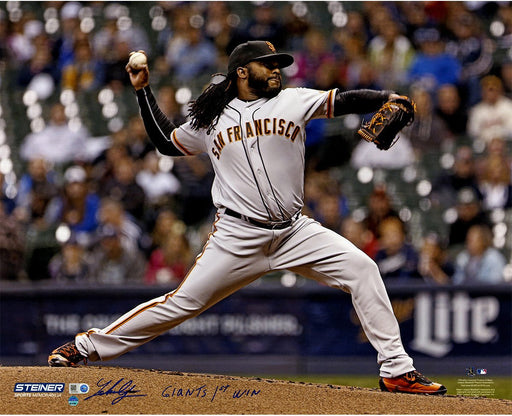 Johnny Cueto Signed San Francisco Giants Pitching 16x20 Photo w/ "Giants 1st Win" Insc (Signed in Blue)