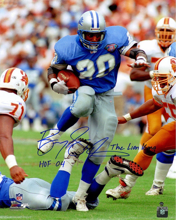 Barry Sanders Signed Running Vertical 16x20 Photo w/ Lion King HOF 04 Insc