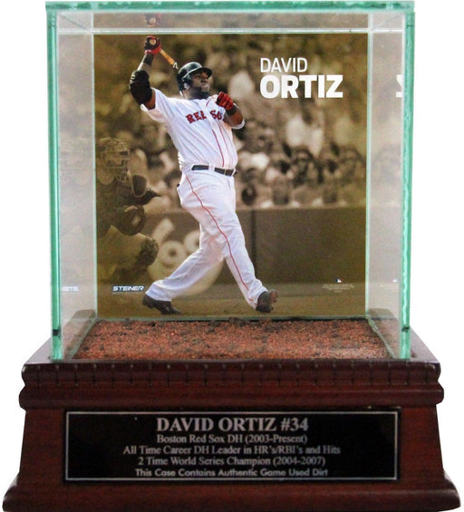 David Ortiz Swinging Background Glass Single Baseball w/ Fenway Park Authentic Dirt & Nameplate