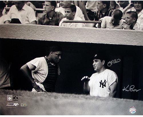 Yogi Berra w/ Elston Howard in Dugout B&W Horizontal 16x20 Photo (Signed by Regan) (MLB Auth)