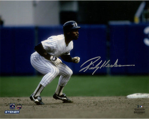 Rickey Henderson Signed Leading Off Second Base in Yankees Uniform 8x10 Signed in Silver