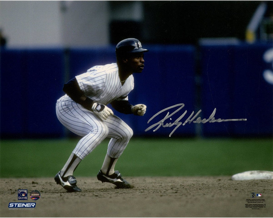 Rickey Henderson Signed Leading Off Second Base in Yankees Uniform 8x10 Signed in Silver