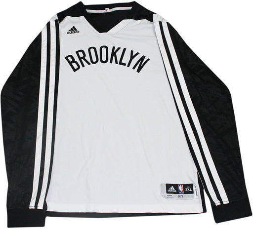 Andrei Kirilenko Shirt - Brooklyn Nets 2013-2014 Season Game Used #47 White w/ Black Long Sleeve Warmup Shirt (2XL)