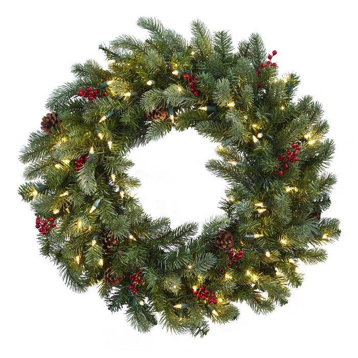 30in Lighted Pine Wreath w/Berries & Pine Cones